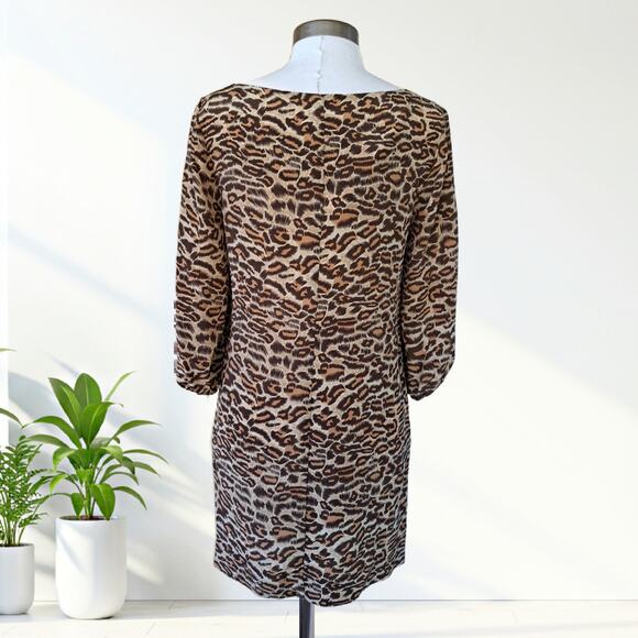 AMOUR VERT Silk Leopard Print Shift Mini Dress Size Small Tan Brown 3/4 Sleeve - Picture 3 of 8